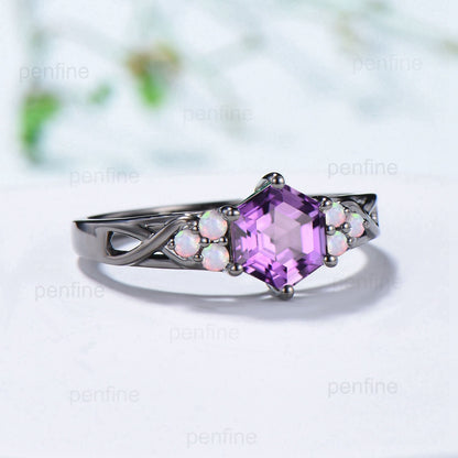 Vintage Hexagon Amethyst Engagement Ring Black Gold Solid 14K/18K Gold Unique Infinity Ring Cluster Opal Wedding Ring Anniversary gift - PENFINE