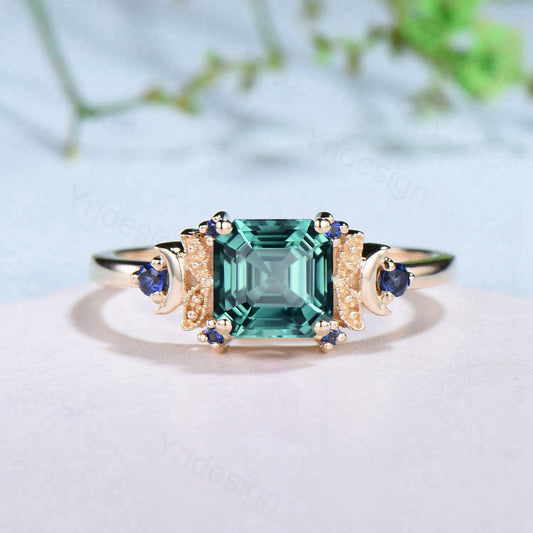 Unique Green Sapphire Engagement Ring Asscher Cut White Gold-14K/18K Vintage Moon Wedding Ring For Women Teal Sapphire Anniversary Ring - PENFINE