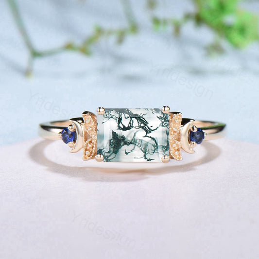 Vintage Emerald Cut Moss Agate Ring 14K Yellow Gold Natural Inspired Leaf Engagement Ring Unique Green Stone Est to West Wedding Ring Women - PENFINE