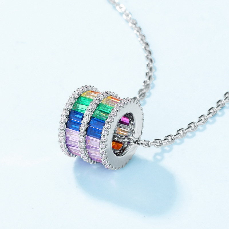 Vintage Pendant Necklace Unique Baguette Women's Personalized Rainbow Necklace Silver 14K/18K White Gold Necklace Birthday Gift - PENFINE