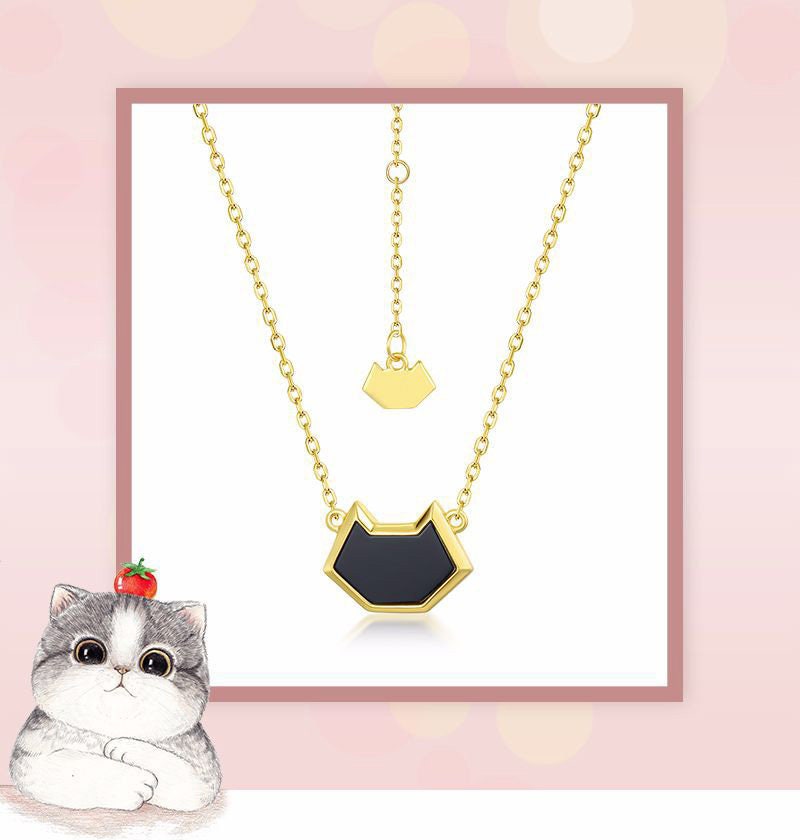 Cute cat natural black onyx pendant necklace solid 14k 18k yellow gold vintage unique Personalized owl pendant for daughter - PENFINE