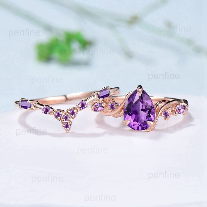 Vintage amethyst ring set Nature Inspired purple crystal engagement ring Norse Viking Leaf February birthstone wedding ring set for women - PENFINE