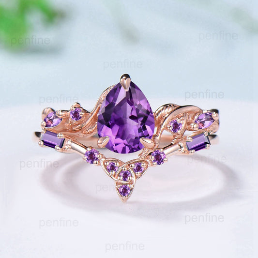 Vintage amethyst ring set Nature Inspired purple crystal engagement ring Norse Viking Leaf February birthstone wedding ring set for women - PENFINE