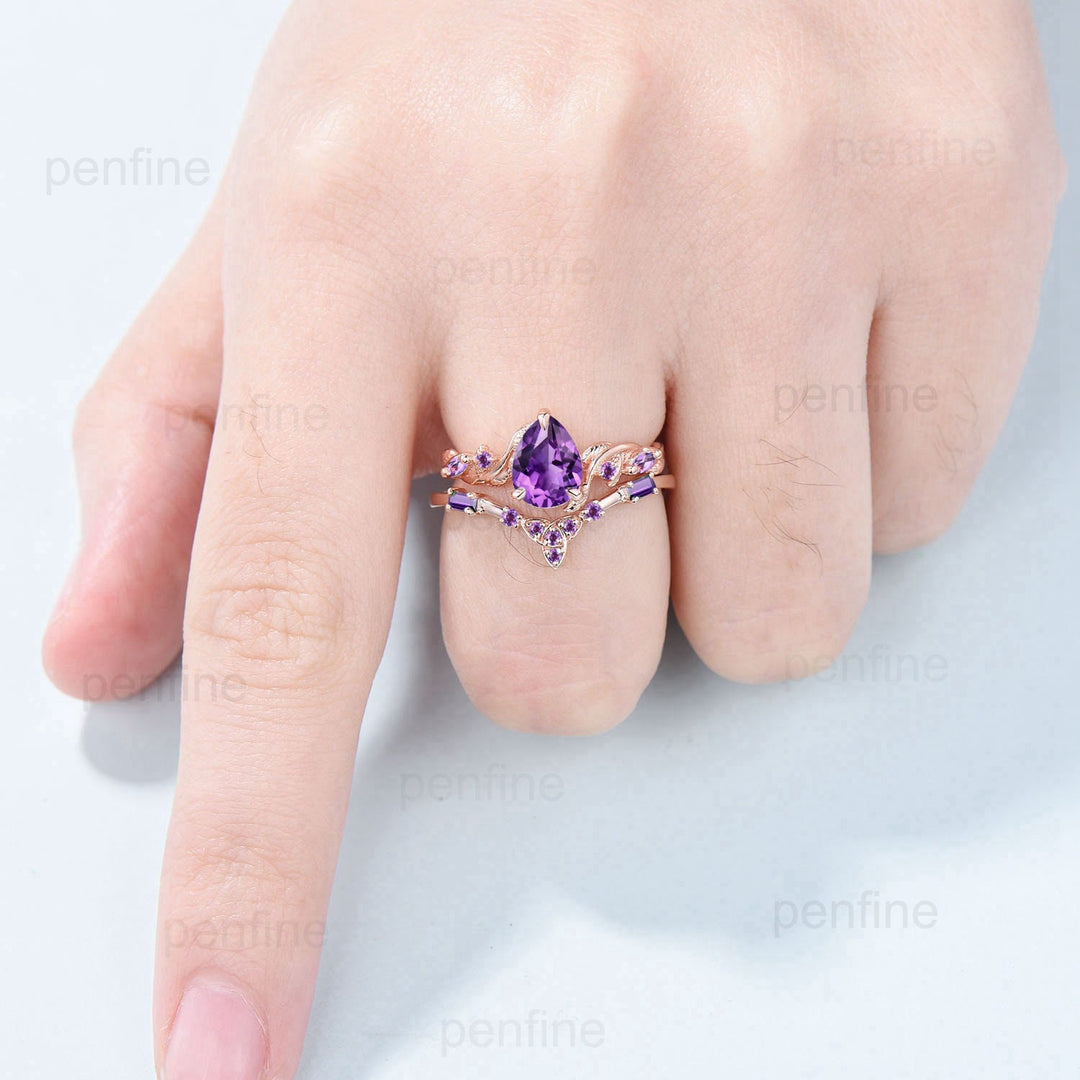 Vintage amethyst ring set Nature Inspired purple crystal engagement ring Norse Viking Leaf February birthstone wedding ring set for women - PENFINE