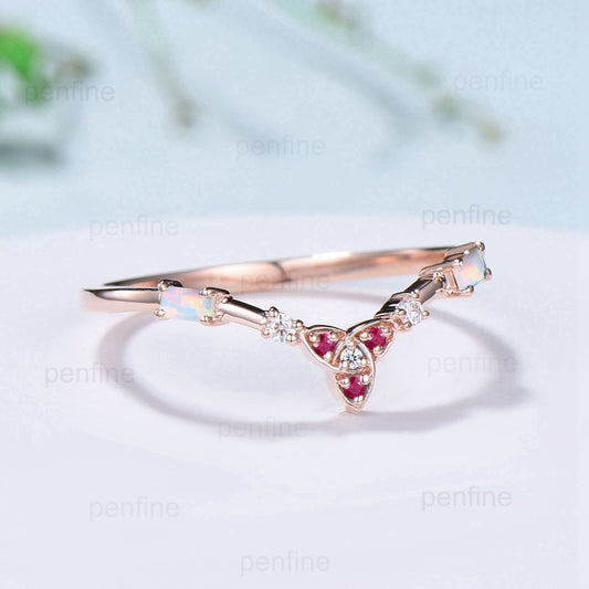 Norse Viking opal ruby wedding band women baguette opal wedding ring rose gold cute curved stacking matching band Promise anniversary gift - PENFINE