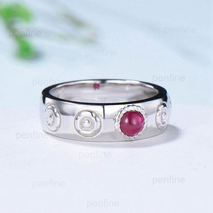 Howls Moving Castle Men's Ring 4mm Round Natural Ruby Wedding Band Silver White Gold Howl's Ring Sophie's Ring Stacking Matching Band Gift - PENFINE