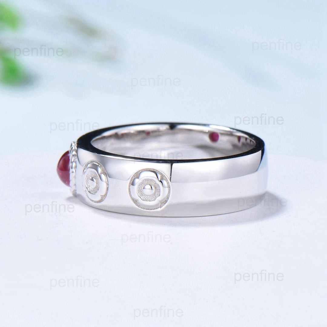 Howls Moving Castle Men's Ring 4mm Round Natural Ruby Wedding Band Silver White Gold Howl's Ring Sophie's Ring Stacking Matching Band Gift - PENFINE