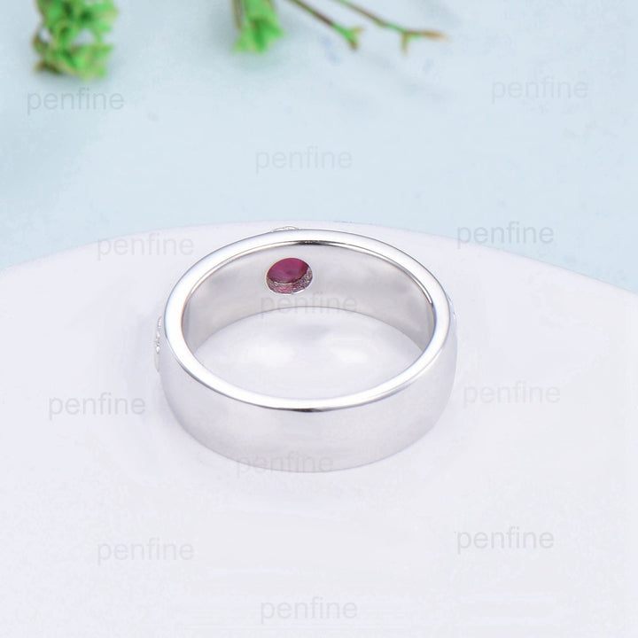 Howls Moving Castle Men's Ring 4mm Round Natural Ruby Wedding Band Silver White Gold Howl's Ring Sophie's Ring Stacking Matching Band Gift - PENFINE