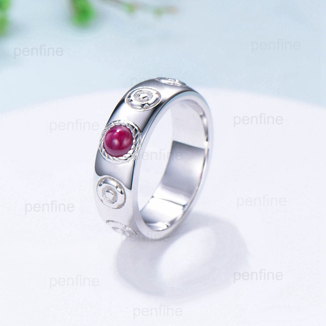 Howls Moving Castle Men's Ring 4mm Round Natural Ruby Wedding Band Silver White Gold Howl's Ring Sophie's Ring Stacking Matching Band Gift - PENFINE