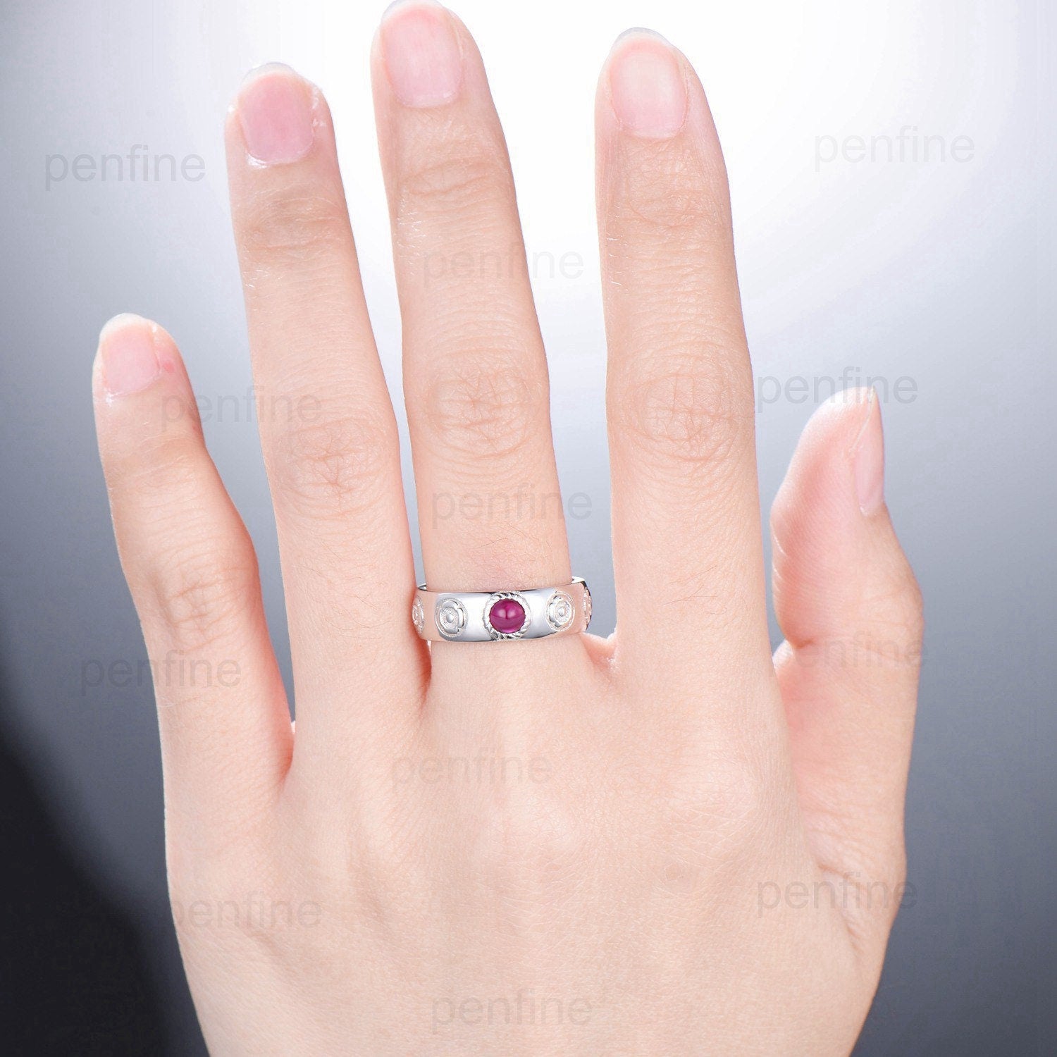 Howls Moving Castle Men's Ring 4mm Round Natural Ruby Wedding Band Silver White Gold Howl's Ring Sophie's Ring Stacking Matching Band Gift - PENFINE
