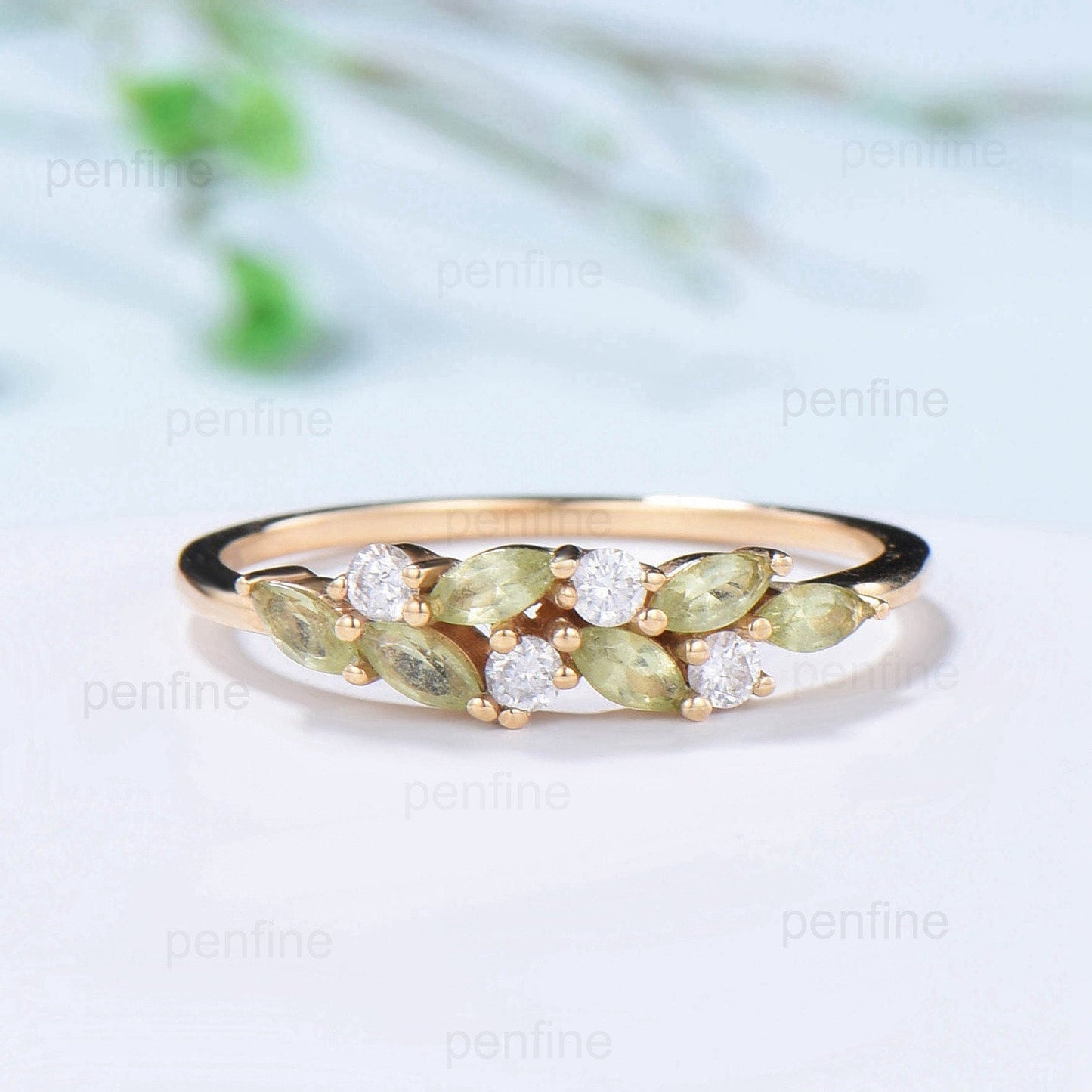 Vintage Peridot Wedding Band, Marquise cut yellow gold wedding ring, Unique cluster peridot Stacking matching Bridal ring, Anniversary gift - PENFINE