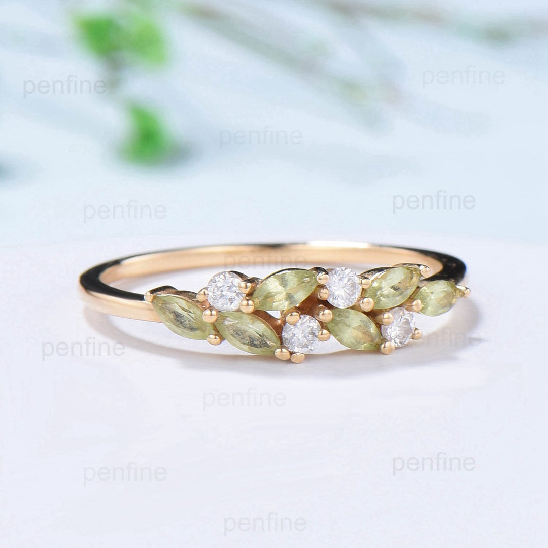 Vintage Peridot Wedding Band, Marquise cut yellow gold wedding ring, Unique cluster peridot Stacking matching Bridal ring, Anniversary gift - PENFINE