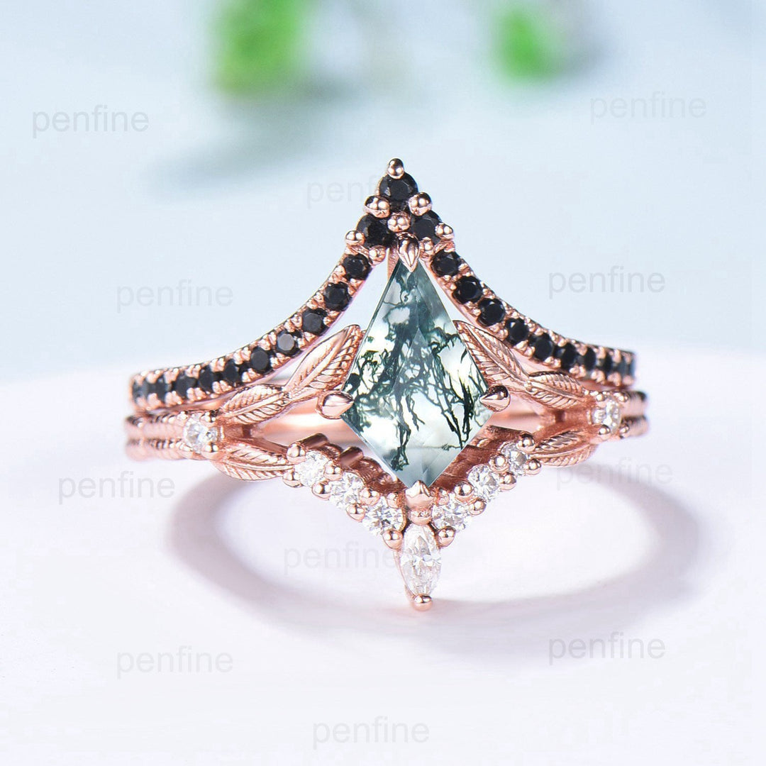 Vintage kite moss agate ring rose gold unique aquatic agate diamond engagement ring cluster black spinel rose gold bridal wedding ring set - PENFINE