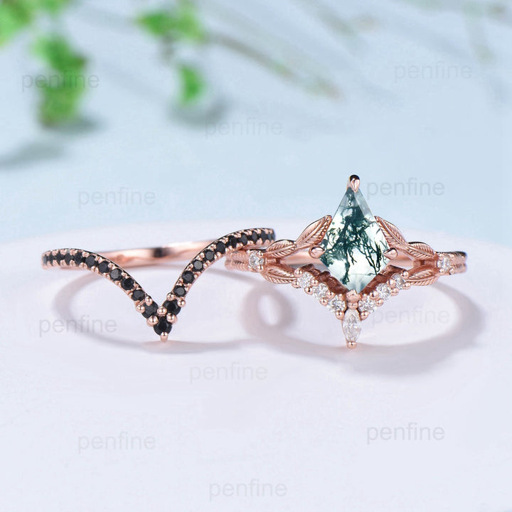 Vintage kite moss agate ring rose gold unique aquatic agate diamond engagement ring cluster black spinel rose gold bridal wedding ring set - PENFINE