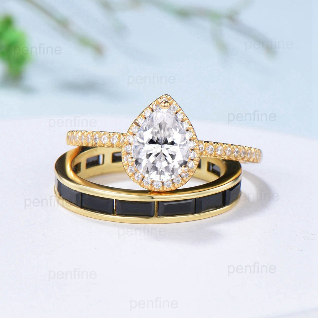 6x8mm Pear Shaped Moissanite Ring Set halo moissanite engagement ring set Baguette Black Spinel Stacking Band 14k yellow gold bridal set - PENFINE