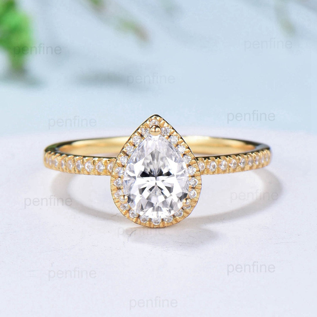 6x8mm Pear Shaped Moissanite Ring Set halo moissanite engagement ring set Baguette Black Spinel Stacking Band 14k yellow gold bridal set - PENFINE