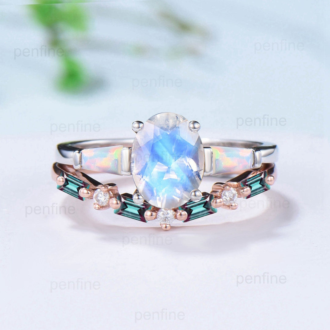 Vintage rainbow blue moonstone ring set three stone opal engagement ring unique baguette alexandrite wedding set for women June Birthstone - PENFINE