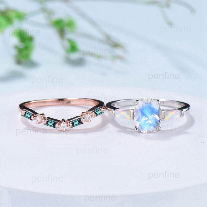 Vintage rainbow blue moonstone ring set three stone opal engagement ring unique baguette alexandrite wedding set for women June Birthstone - PENFINE