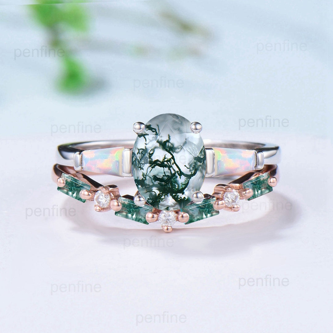 Vintage oval moss agate engagement ring set Unique rose gold opal wedding set baguette green agate stacking ring bridal promise gift for her - PENFINE