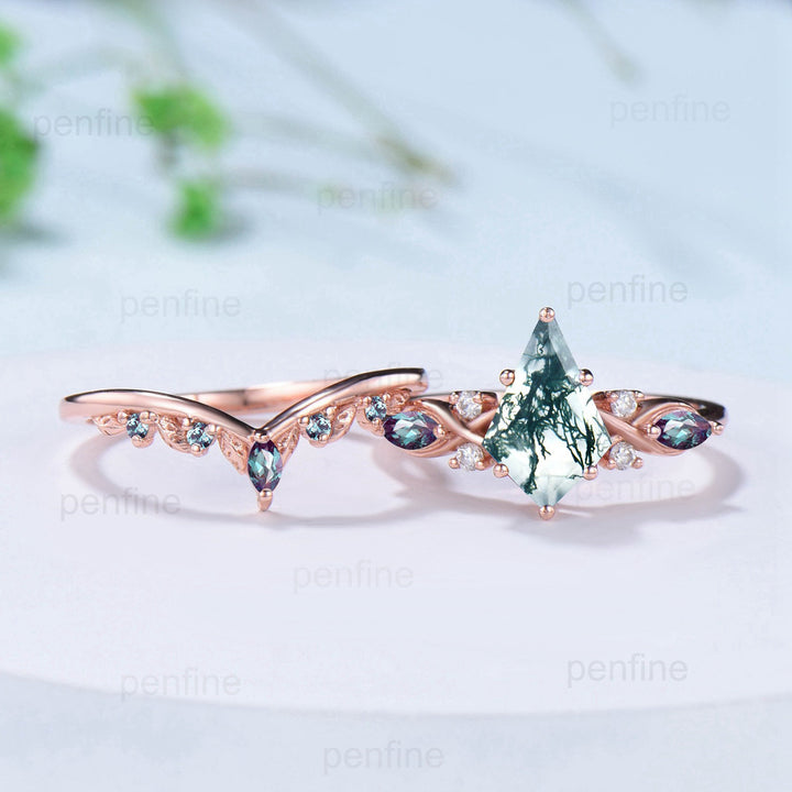 7X10mm Kite Moss Agate Engagement Ring Marquise Alexandrite Infinity Wedding Set Rose Gold Art Deco Leaf Nature Inspired Anniversary Gift - PENFINE