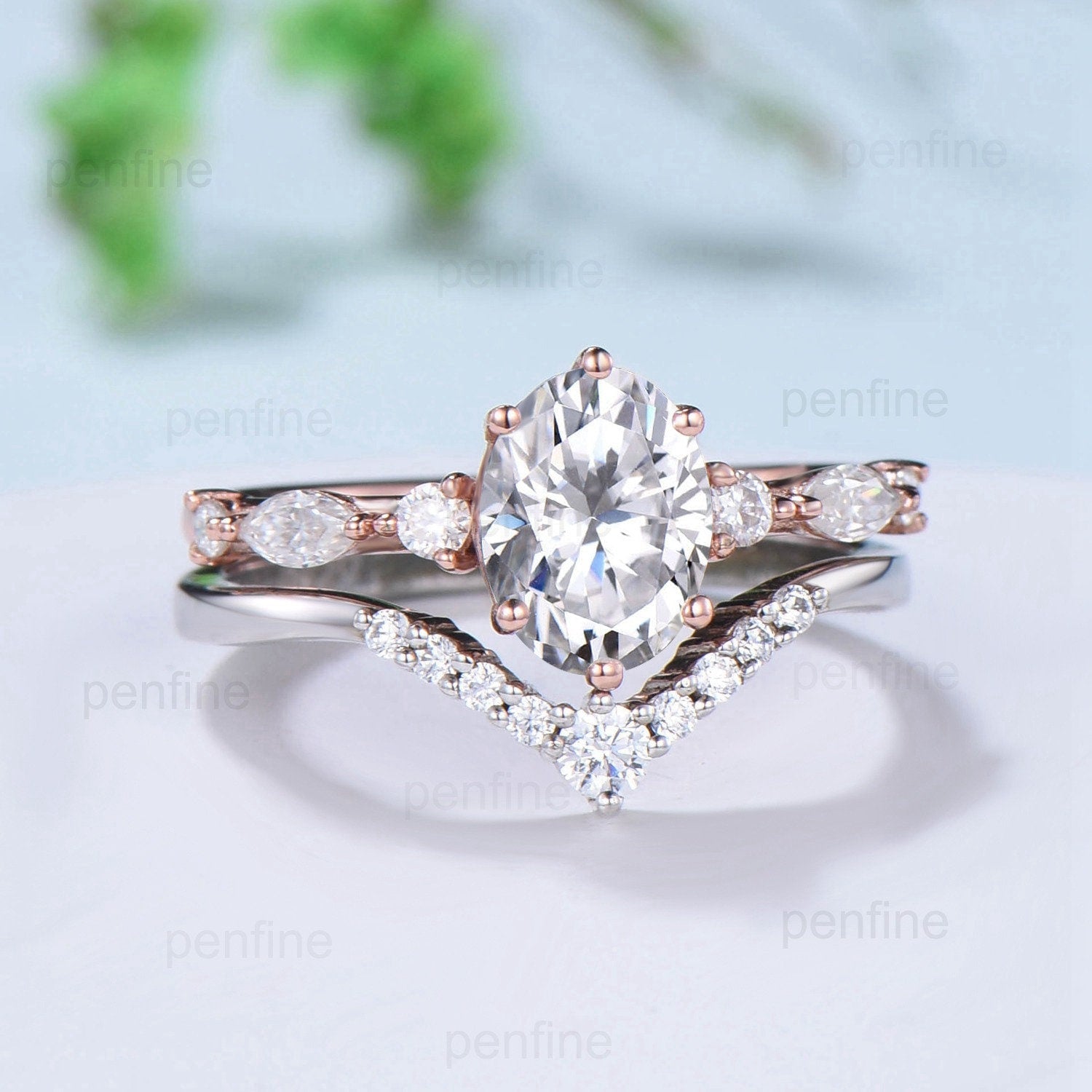 Vintage 1.5Ct Oval Moissanite engagement ring set seven stone moissanite diamond wedding ring set curved stacking band Bridal Promise ring - PENFINE