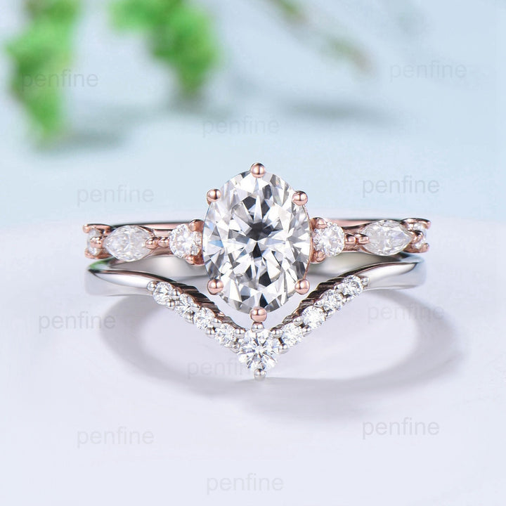 Vintage 1.5Ct Oval Moissanite engagement ring set seven stone moissanite diamond wedding ring set curved stacking band Bridal Promise ring - PENFINE