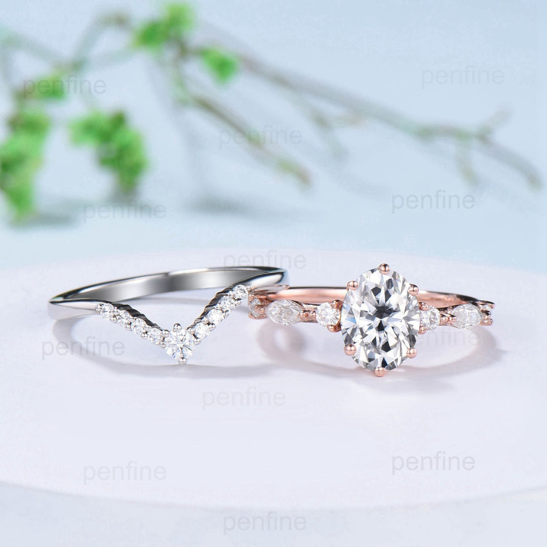 Vintage 1.5Ct Oval Moissanite engagement ring set seven stone moissanite diamond wedding ring set curved stacking band Bridal Promise ring - PENFINE