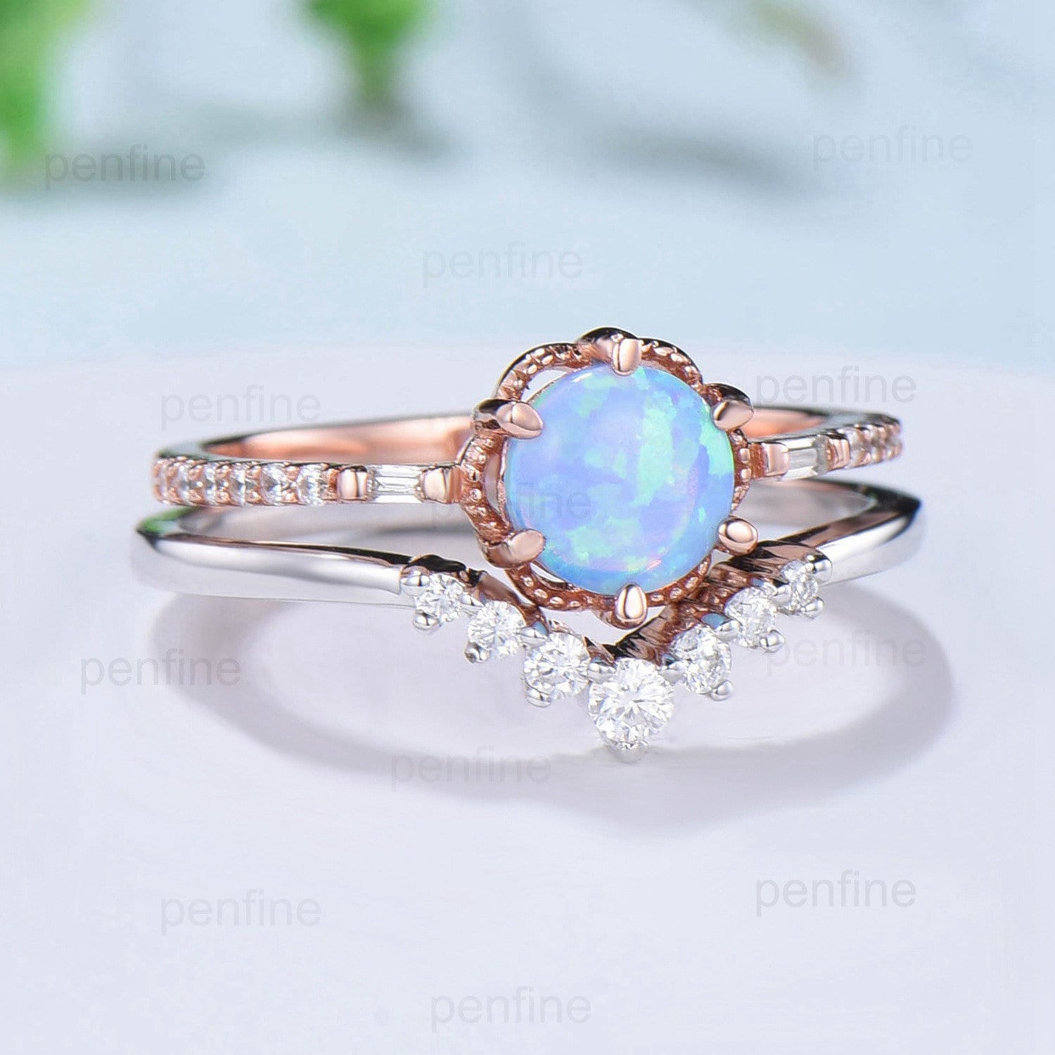 Vintage Round Blue Opal Ring Set Silver Rose Gold Black Opal Flower Moissanite Diamond Wedding Ring Unique Handmade Proposal Gifts for Women - PENFINE