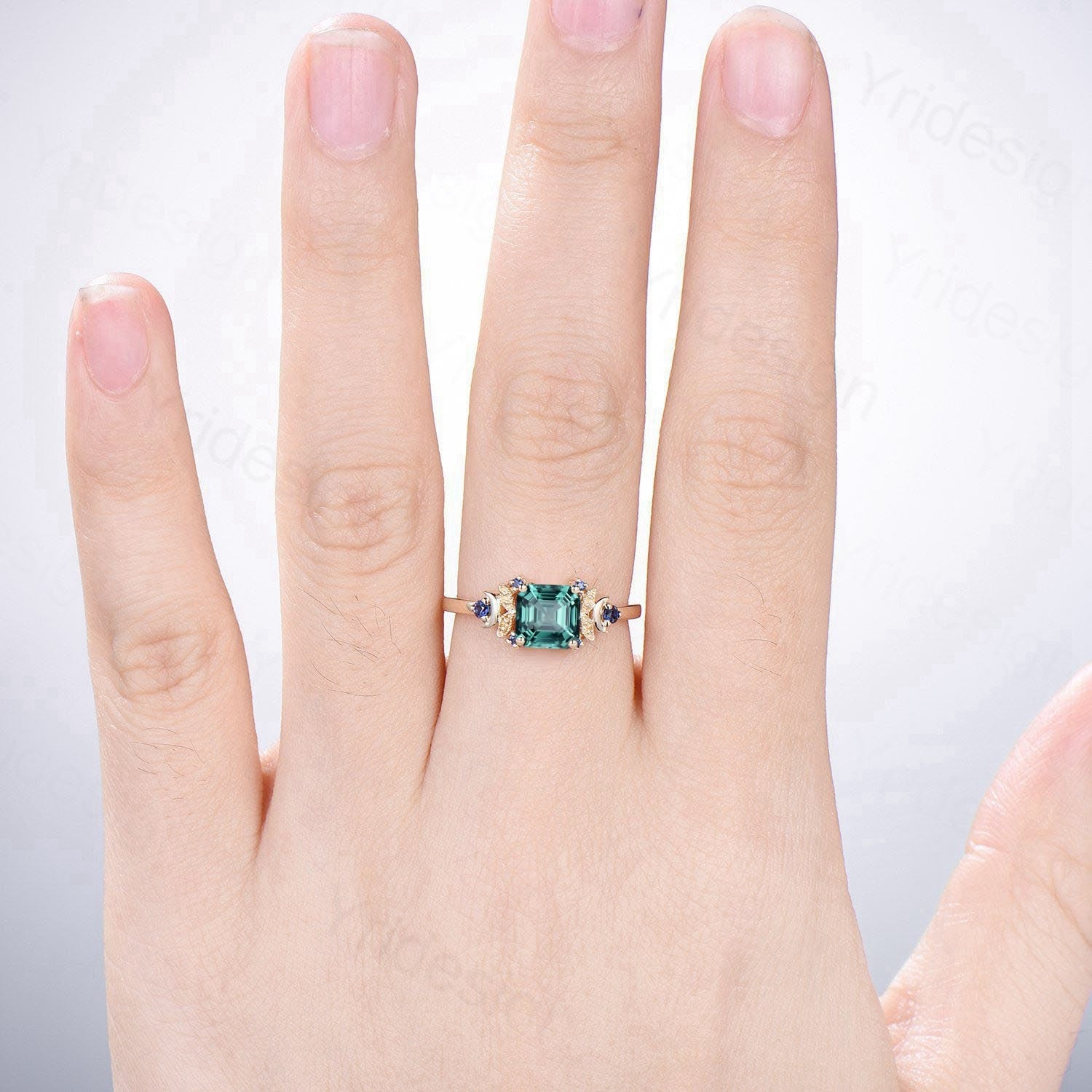 Unique Green Sapphire Engagement Ring Asscher Cut White Gold-14K/18K Vintage Moon Wedding Ring For Women Teal Sapphire Anniversary Ring - PENFINE