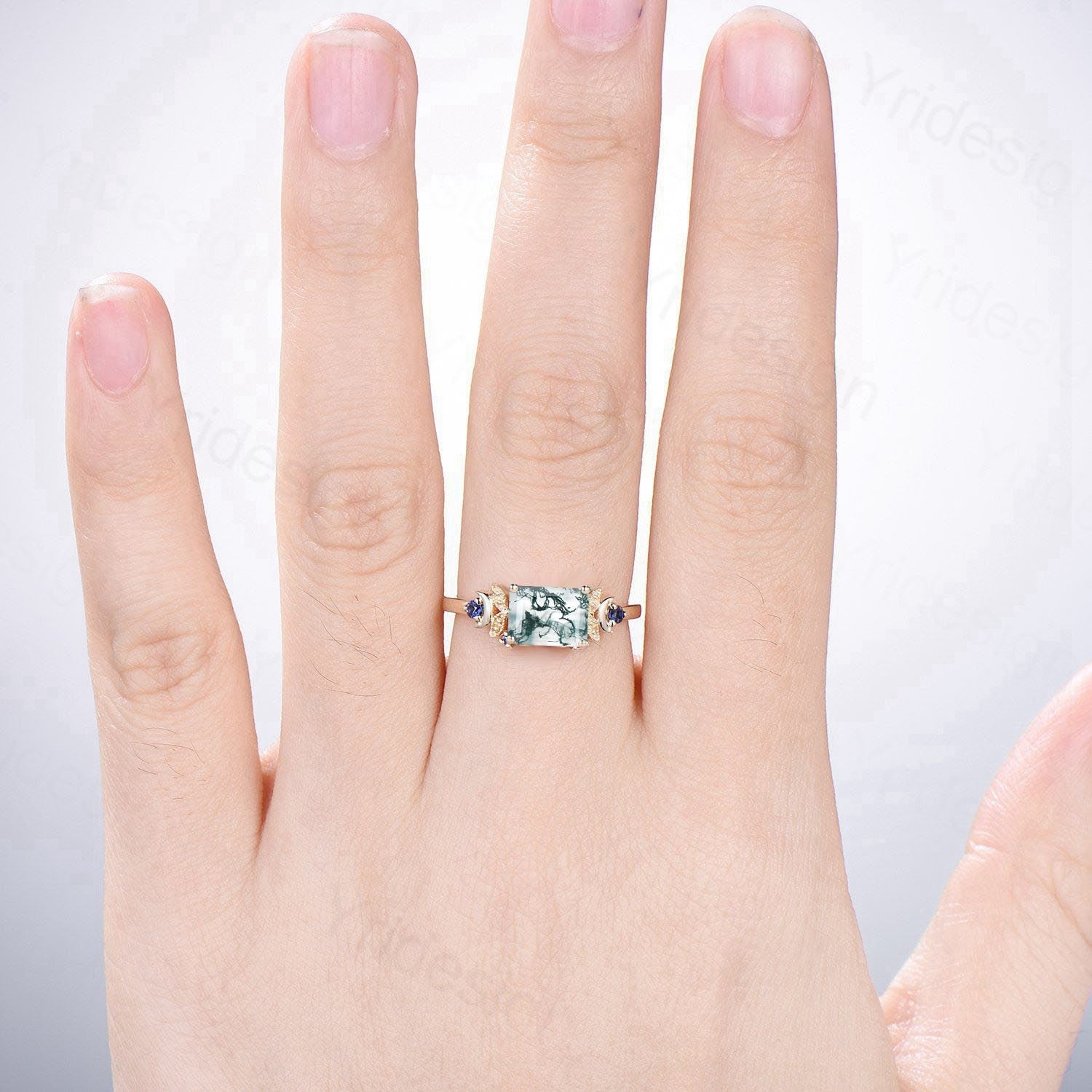 Vintage Emerald Cut Moss Agate Ring 14K Yellow Gold Natural Inspired Leaf Engagement Ring Unique Green Stone Est to West Wedding Ring Women - PENFINE