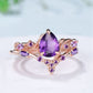 Vintage amethyst ring set Nature Inspired purple crystal engagement ring Norse Viking Leaf February birthstone wedding ring set for women - PENFINE