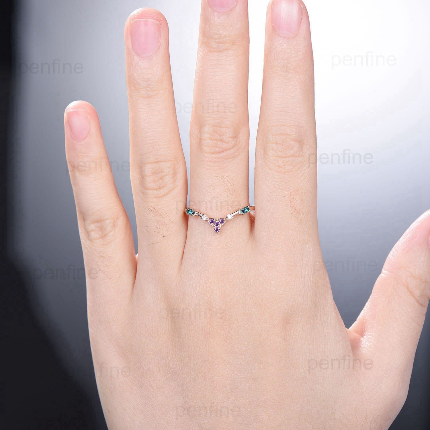 Norse Viking amethyst alexandrite wedding band women baguette color change stone wedding ring rose gold curved stacking band birthday gift - PENFINE