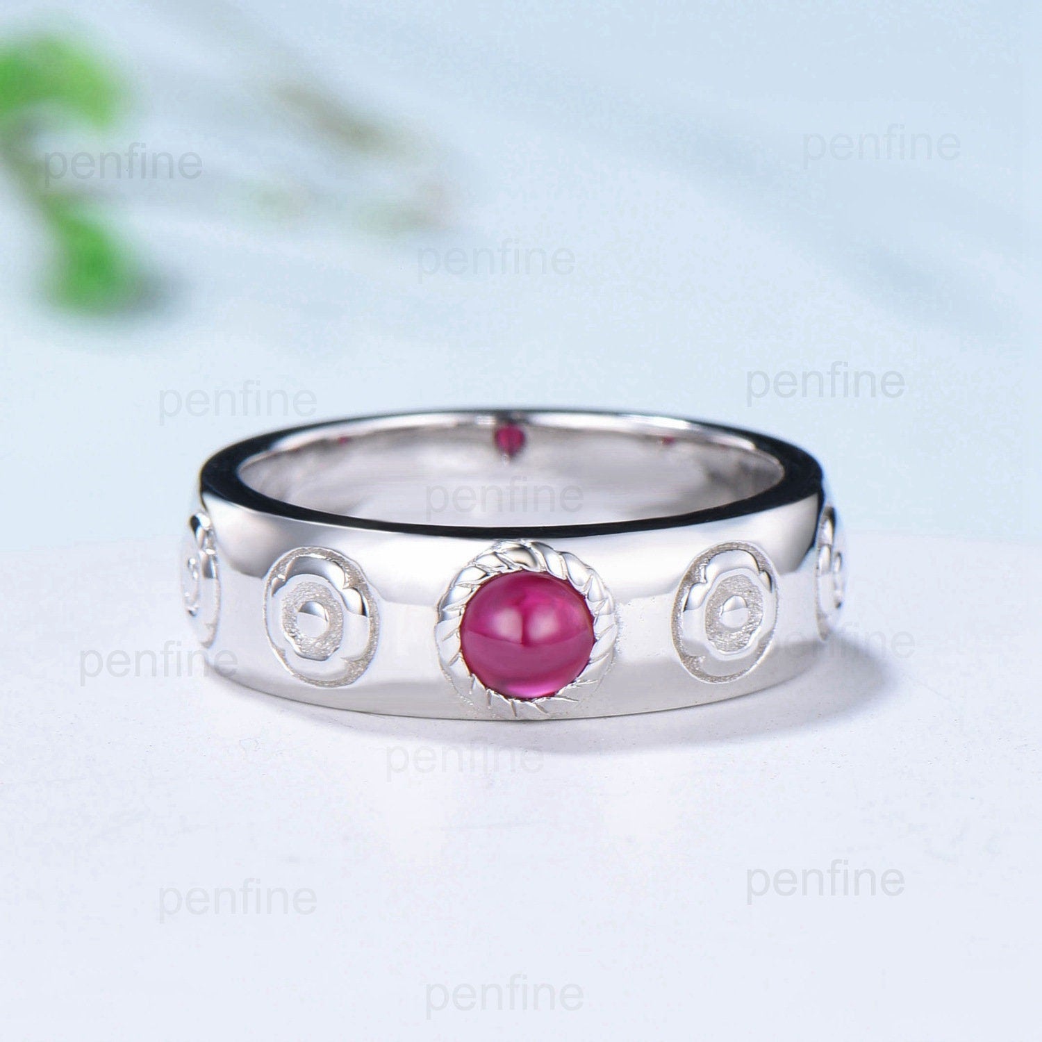 Howls Moving Castle Men's Ring 4mm Round Natural Ruby Wedding Band Silver White Gold Howl's Ring Sophie's Ring Stacking Matching Band Gift - PENFINE