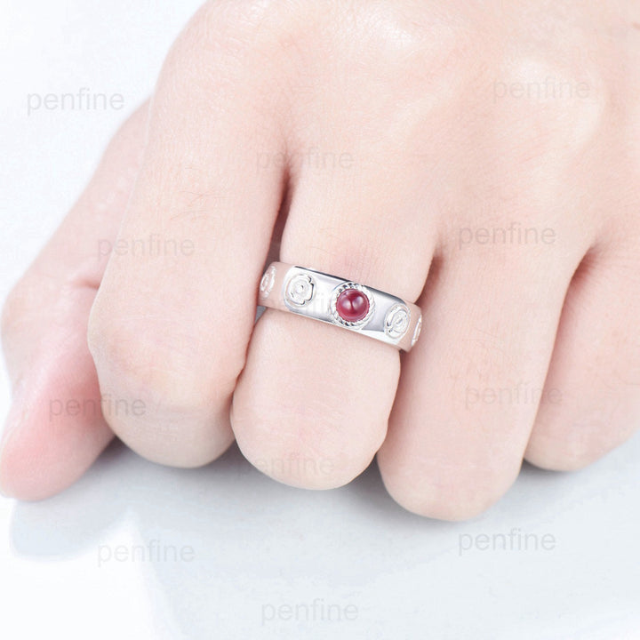 Howls Moving Castle Men's Ring 4mm Round Natural Ruby Wedding Band Silver White Gold Howl's Ring Sophie's Ring Stacking Matching Band Gift - PENFINE