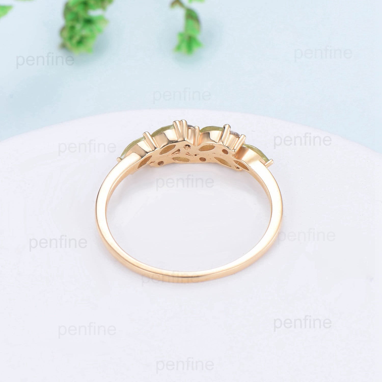 Vintage Peridot Wedding Band, Marquise cut yellow gold wedding ring, Unique cluster peridot Stacking matching Bridal ring, Anniversary gift - PENFINE