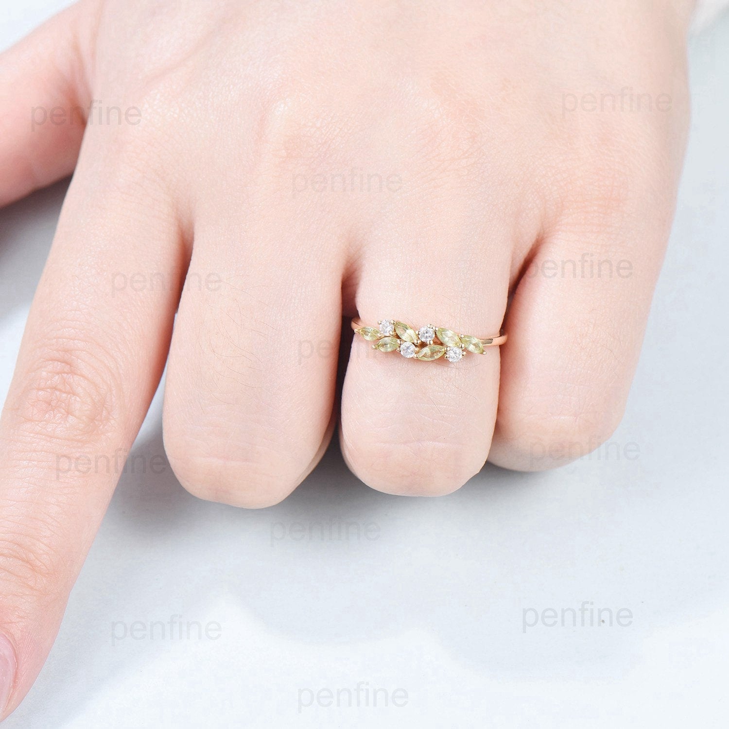 Vintage Peridot Wedding Band, Marquise cut yellow gold wedding ring, Unique cluster peridot Stacking matching Bridal ring, Anniversary gift - PENFINE