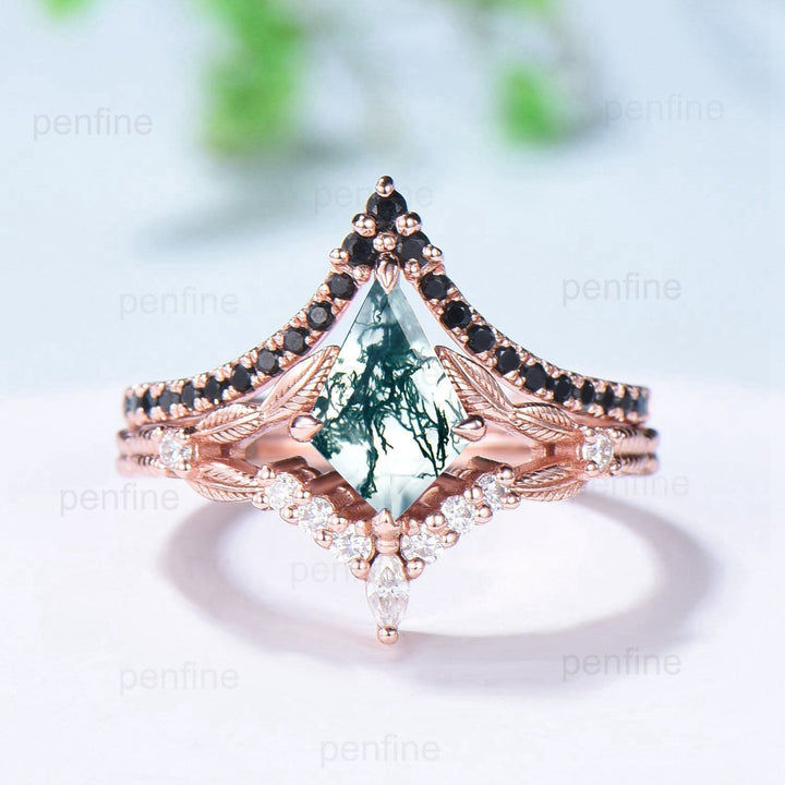 Vintage kite moss agate ring rose gold unique aquatic agate diamond engagement ring cluster black spinel rose gold bridal wedding ring set - PENFINE