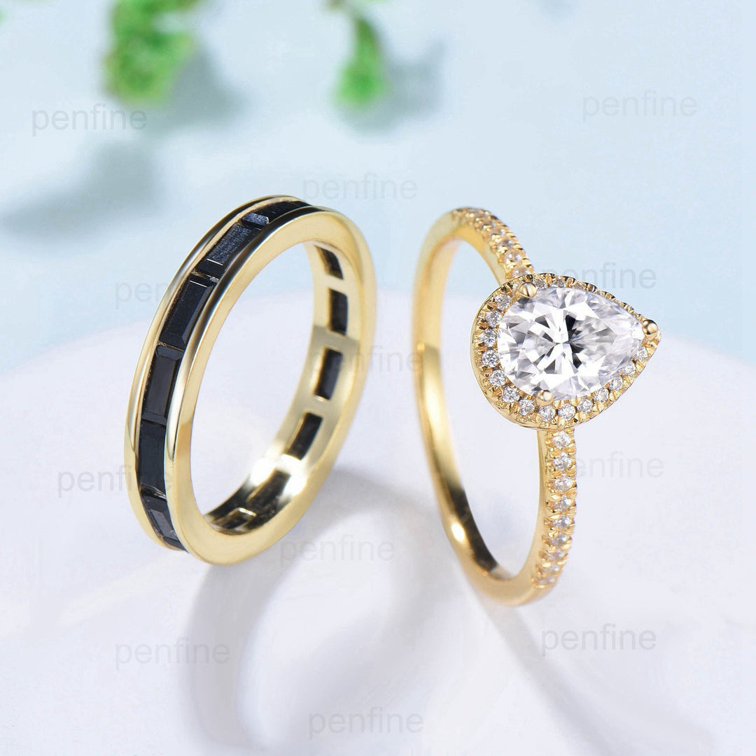 6x8mm Pear Shaped Moissanite Ring Set halo moissanite engagement ring set Baguette Black Spinel Stacking Band 14k yellow gold bridal set - PENFINE