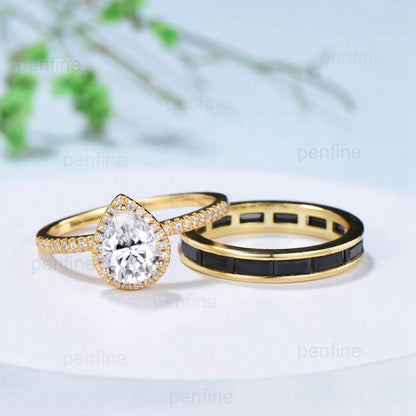 6x8mm Pear Shaped Moissanite Ring Set halo moissanite engagement ring set Baguette Black Spinel Stacking Band 14k yellow gold bridal set - PENFINE
