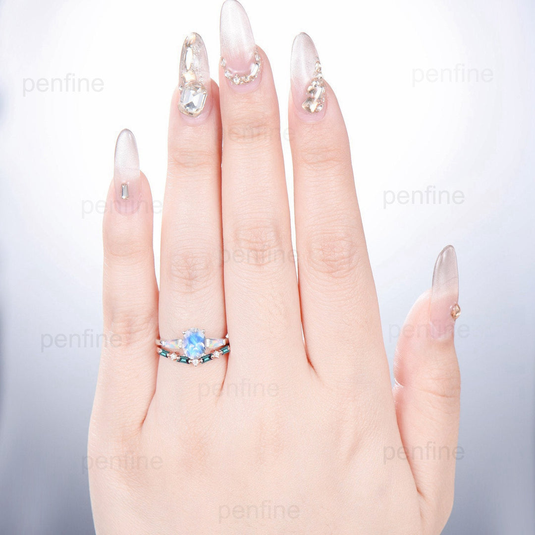 Vintage rainbow blue moonstone ring set three stone opal engagement ring unique baguette alexandrite wedding set for women June Birthstone - PENFINE