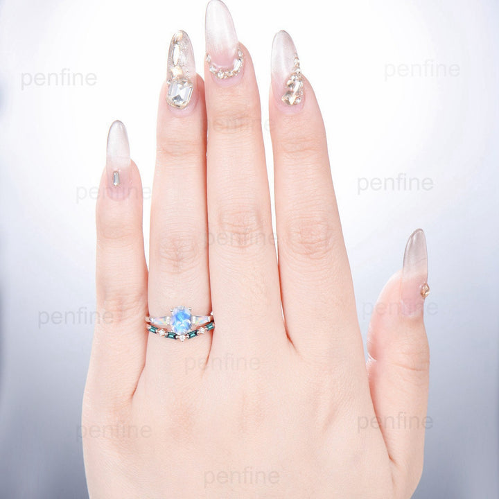 Vintage rainbow blue moonstone ring set three stone opal engagement ring unique baguette alexandrite wedding set for women June Birthstone - PENFINE