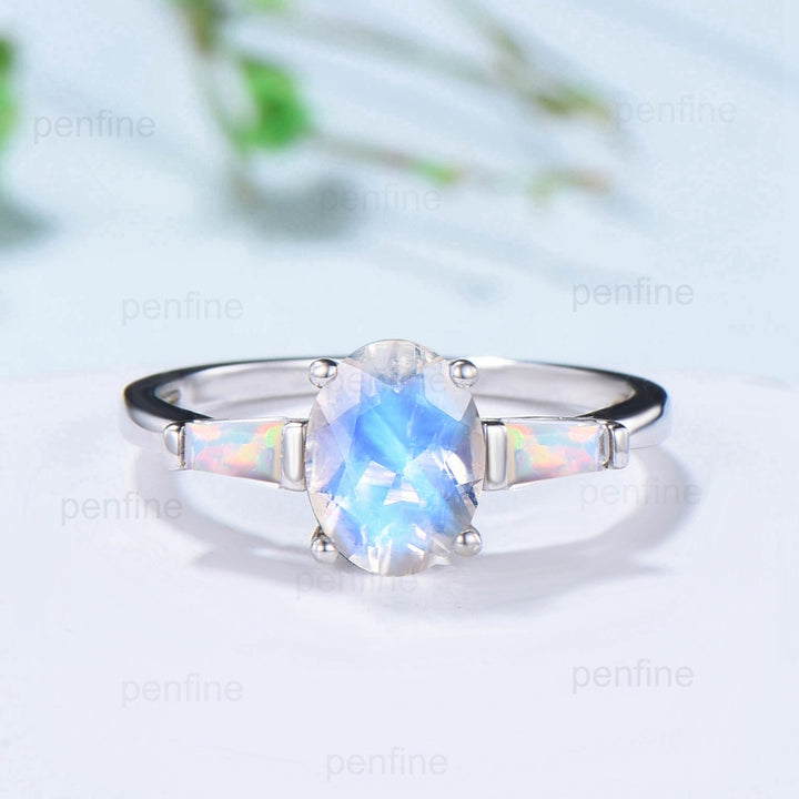 Vintage rainbow blue moonstone ring set three stone opal engagement ring unique baguette alexandrite wedding set for women June Birthstone - PENFINE