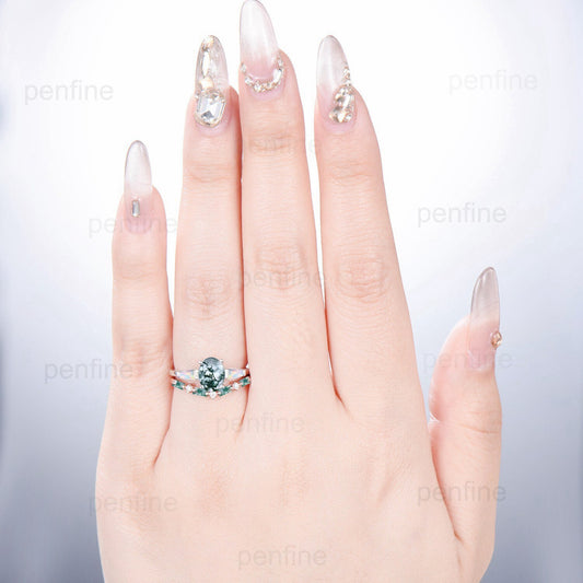 Vintage oval moss agate engagement ring set Unique rose gold opal wedding set baguette green agate stacking ring bridal promise gift for her - PENFINE