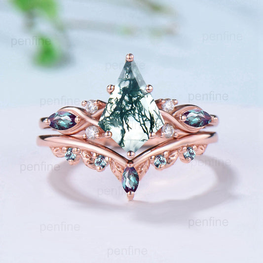 7X10mm Kite Moss Agate Engagement Ring Marquise Alexandrite Infinity Wedding Set Rose Gold Art Deco Leaf Nature Inspired Anniversary Gift - PENFINE