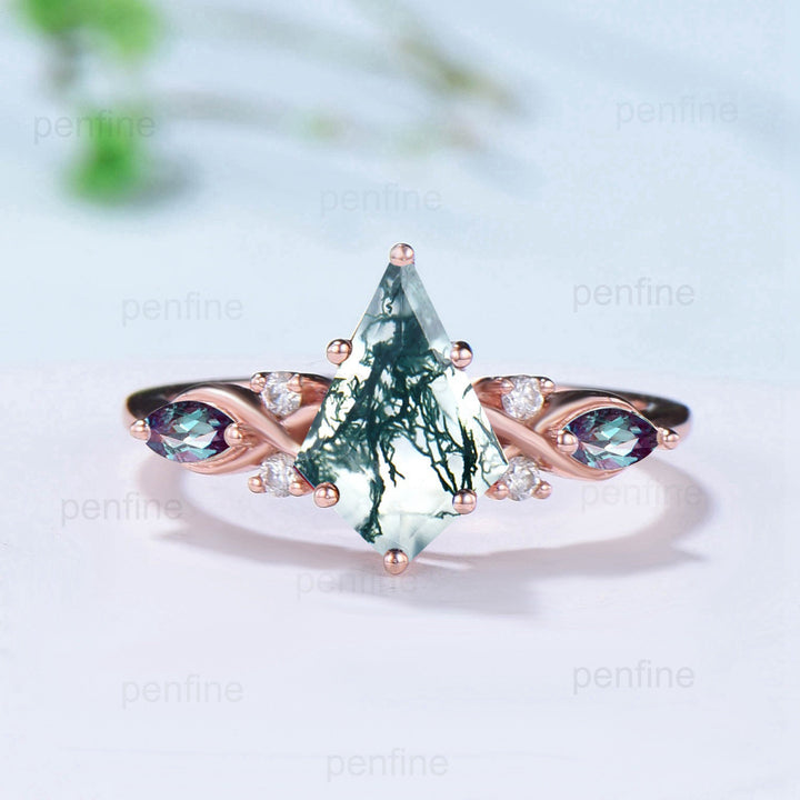 7X10mm Kite Moss Agate Engagement Ring Marquise Alexandrite Infinity Wedding Set Rose Gold Art Deco Leaf Nature Inspired Anniversary Gift - PENFINE