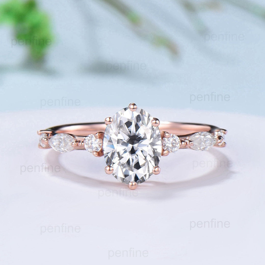 Vintage 1.5Ct Oval Moissanite engagement ring set seven stone moissanite diamond wedding ring set curved stacking band Bridal Promise ring - PENFINE