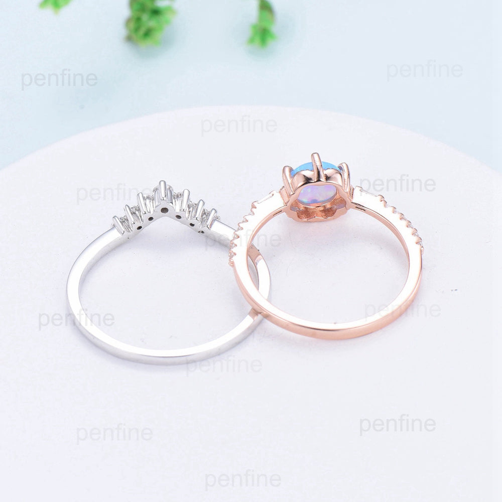 Vintage Round Blue Opal Ring Set Silver Rose Gold Black Opal Flower Moissanite Diamond Wedding Ring Unique Handmade Proposal Gifts for Women - PENFINE