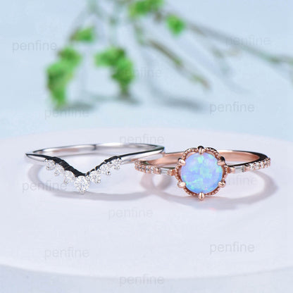 Vintage Round Blue Opal Ring Set Silver Rose Gold Black Opal Flower Moissanite Diamond Wedding Ring Unique Handmade Proposal Gifts for Women - PENFINE