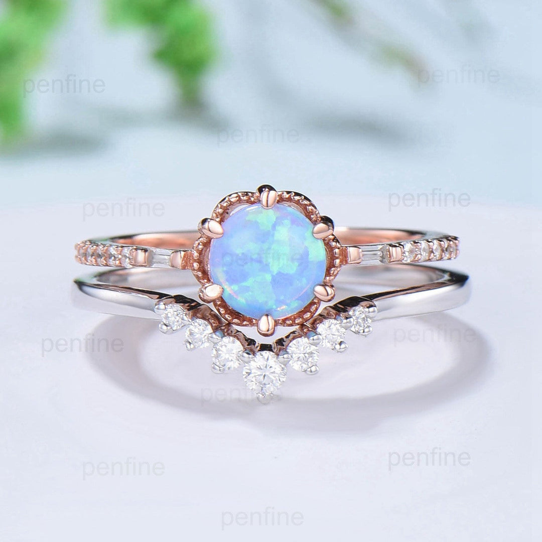 Vintage Round Blue Opal Ring Set Silver Rose Gold Black Opal Flower Moissanite Diamond Wedding Ring Unique Handmade Proposal Gifts for Women - PENFINE