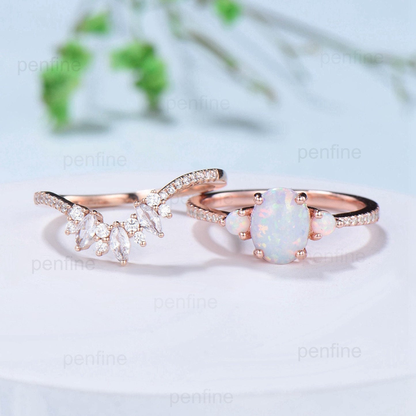 Fire opal engagement ring Set oval cut white opal wedding set three stone crown moissanite stacking band art deco engagement ring rose gold - PENFINE
